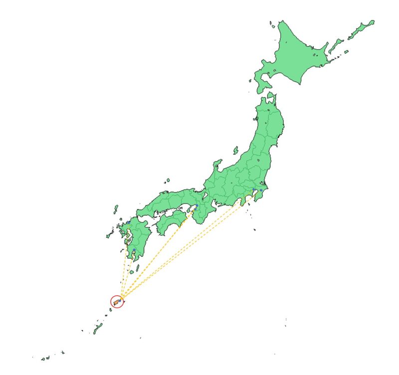 奄美大島の位置と主な航路